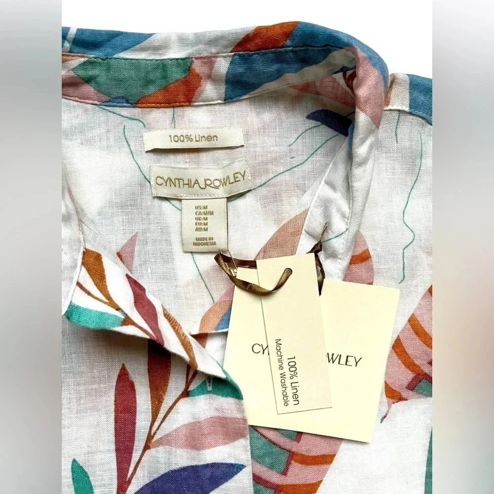 NWT Cynthia Rowley Linen Botanical Print Button Up Top - Picture 2 of 4